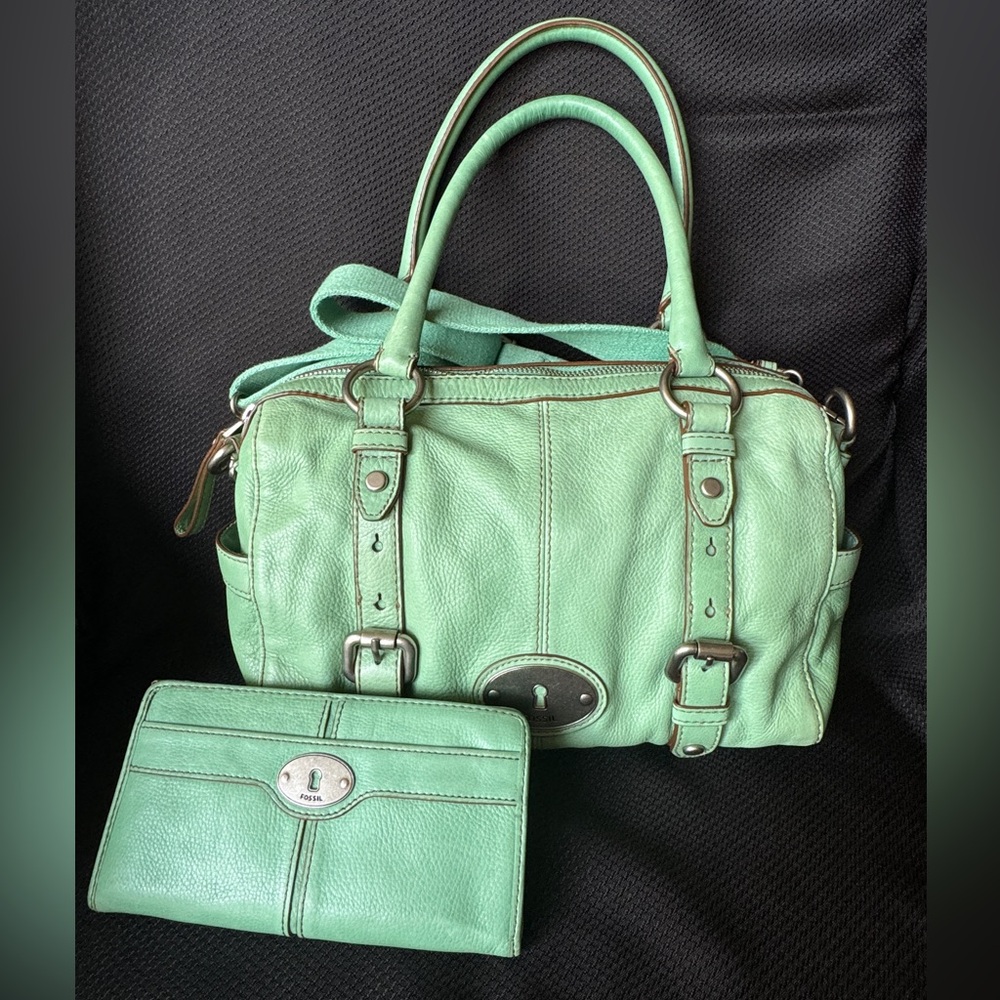 FOSSIL MADDOX Mint Green Leather Handbag and Wallet Set